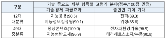 기술 중요도 세부 항목별 고평가 분야