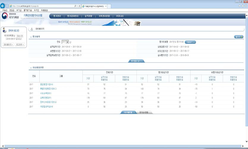 기록관리평가시스템 메인화면