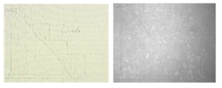 1970년대 생산된 초기 정전기 방식으로 추정되는 특수지의 일반광 이미지(좌)와 적외선 흡수/반사 조건 하의 동일 기록 이미지(우)
