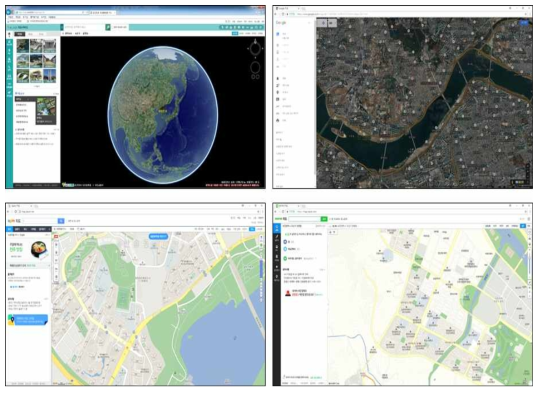 국내에서 활용 가능한 대표적인 공간정보 오픈플랫폼 서비스 예제 (출처: V-World, Google Maps, Daum Map, Naver Map)