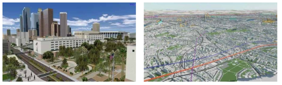 UCLA의 도시 시뮬레이션(좌) 및 Vertex Modelling의 VUCITY(우)