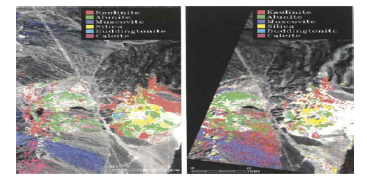 미국 네바다 주 Cuprite 지역의 광물분류도: (좌) AVIRIS영상 이용, (우) Hyperion영상 이용 (Kruse et al., 2003)