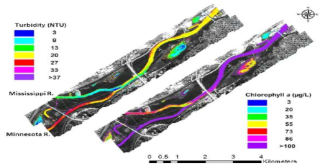 CASI영상을 이용한 미국 미네소타, 미시시피 강의 탁도 및 클로로필a 농도 지도 (Olmanson et al., 2013