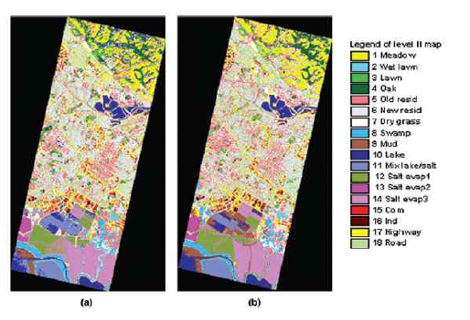 미국 캘리포니아, 실리콘 밸리 지역의 토지피복도: (a) ALI 영상 이용, (b) Hyperion 영상 이용 (Xu and Gong, 2007)