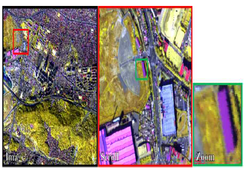 ENVI S/W의 영상 디스플레이 화면 (왼쪽부터 : Image, Scroll, Zoom 창)