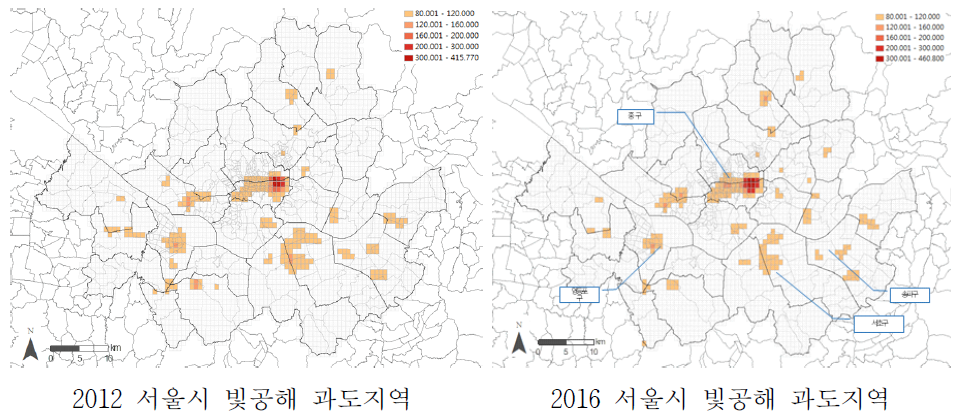 2012 – 2016년 수도권 및 서울의 빛방사량 현황