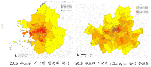2016년 수도권 빛공해 및 SOL/Region 등급 분포