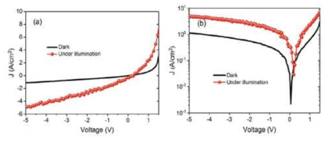 나노와이어 적외선 소자의 파장 2.8μm 적외선에 대한 전류밀도-전압 특성 (좌/우는 전류 밀도에 대한 linear 및 semilog 스케일)
