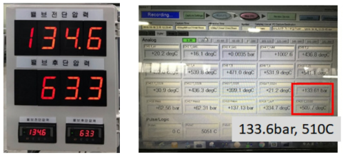 130 bar 500℃ sCO2 연소시험 중 압력 및 온도 계측 사진