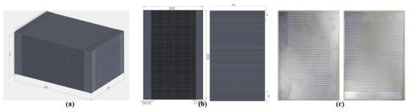 (a) 설계된 기판의 적층 모습, (b) 초임계 CO2 및 hot gas 용 유로 설계, (c) 포토에칭을 통해서 제작된 기판