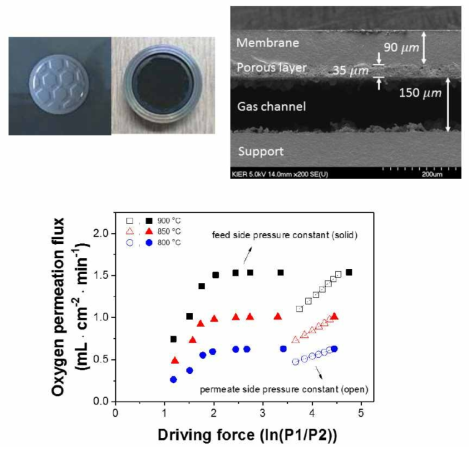내부에 유로가 형성된 멀티레이서 세라믹 멤브레인의 온도별/압력별 산소 투과도