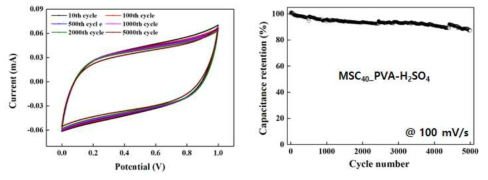 Femtosecond(fs)-laser-based 3차원 프린팅 전극의 순환 전압 전류 곡선 및 사이클 테스트 결과(5,000 사이클)