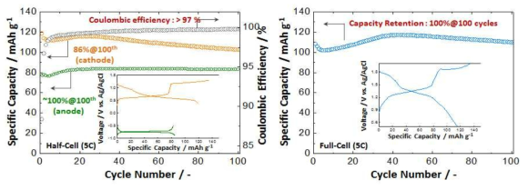 NMHCF 양극 적용 ASIB half-, full-cell 수명 성능 평가 결과