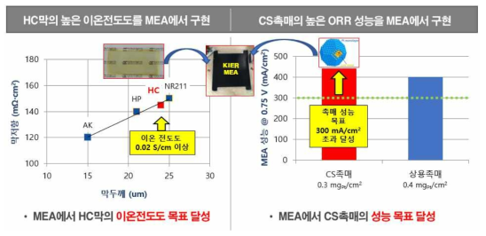 개발된 MEA의 막 이온전도도 및 ORR 성능