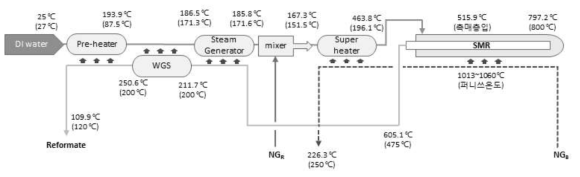 200 kg/day급 리포머/WGS 모듈 부위별 온도(super heater 대향류 열교환 방식)