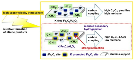 K-Fe5C2/Al2O3 및 K-free Fe5C2/Al2O3 나노 촉매에 의한 LAO 형성에 관한 간략한 반응 모식도. 높은 공간 속도 조건과 철 - 탄화물의 알칼리 촉진제로서의 칼륨의 조합은 올레핀의 2차 수소화를 감소시키고 탄소 결합 반응을 증가시킴