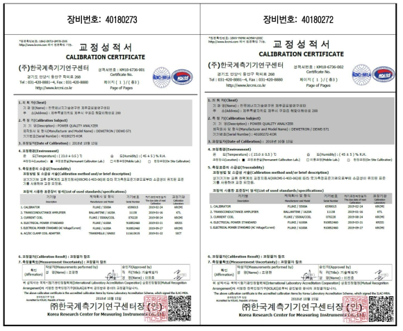 전력품질 분석장치 검교정 성적서