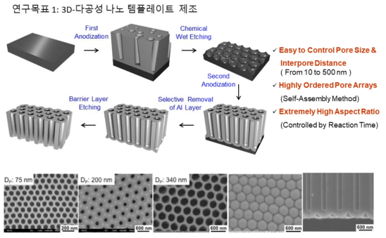 다공성 산화 알루미늄 제조공정의 도식도 및 FE-SEM 이미지