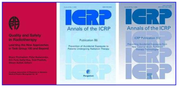 AAPM TG-100 보고서 (왼), ICRP 86 보고서 (가운데), ICRP 112 보고서 (오른)