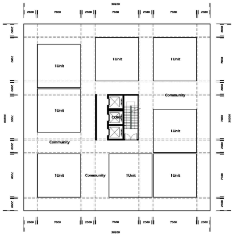 1인 가구를 위한 집합 주거 1Floor 모듈 구성(커뮤니티 강화형), 연구자 작성