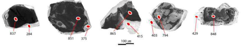 압동 니오븀-탄탈륨 광산 저어콘의 대표적인 CL 이미지 및 분석지점