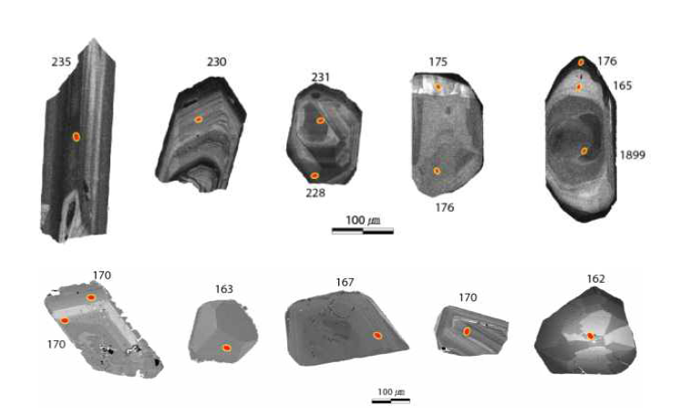 삼천군 희토류 사광상의 대표적인 저어콘의 CL 이미지(상)와 모나자이트 BSE 이미지(하)와 분석 지점