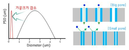 분리막 기공 크기에 따른 기체 투과 모식도