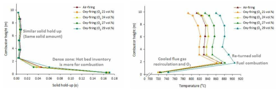 산소농도변화에 따른 순산소 연소 특성 : 온도분포 (좌), Solid hold-up (우)