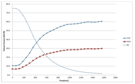 순산소 연소 시 배가스 중 CO2, H2O, N2 농도 변화