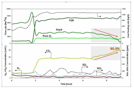 순산소 연소 후 배가스 내 CO2 농도 변화