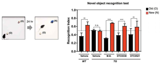 타우-BiFC 마우스에서 DTC0338 및 DTC0521 화합물에 의한 새로운 물체 인지 능력이 향상됨