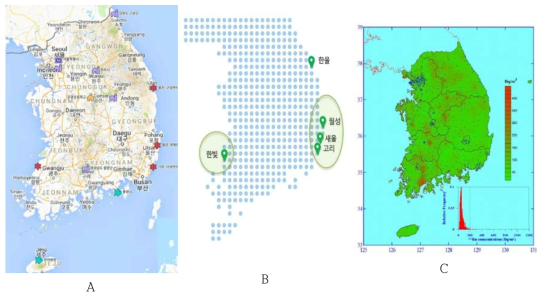 Sampling map of this study (A), nationwide radon survey map in Korea (B) and radon survey map from KINS (C)