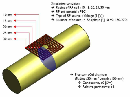 단일채널 표면 코일 (5종; 30 mm, 25 mm, 20 mm, 15 mm, 10 mm) 및 원통형 팬텀 모델링