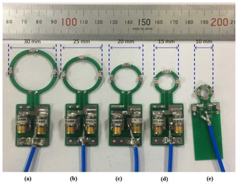 단일채널 표면 코일 (5종; 30 mm, 25 mm, 20 mm, 15 mm, 10 mm)의 RF 제작