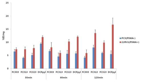 PSMA(+)와 PSMA(-)세포에서의 섭취률 비교