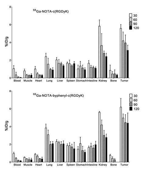 68Ga-NOTA-c(RGDyK) (위), 68Ga-NOTA-2P-c(RGDyK)(아래) biodistribution