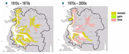 영산강하구역의 습지면적 변화 (1910년대~2000년대)