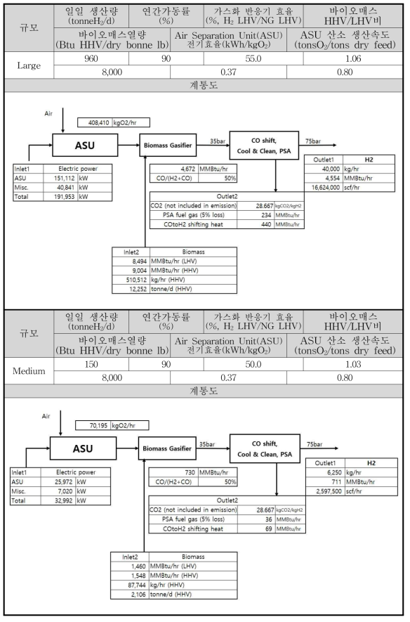 중·대규모(Off-site 생산방식) 바이오매스 가스화 수소 생산 공정의 설계조건