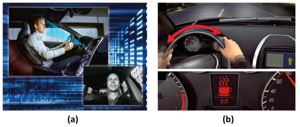 (a) 카메라 기반 운전자 눈 움직임 인식 모니터링 기술 (b) 운전대 조작 패턴 분석 기반 운전자 모니터링 기술 (그림 출처: 헤럴드 경제)