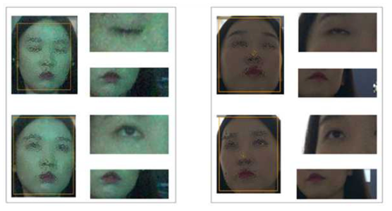 MTCNN 기반의 자동화된 눈, 입 이미지 추출 결과 (왼쪽은 주변 조명이 어두운 이미지, 오른쪽은 주변 조명이 밝은 이미지)