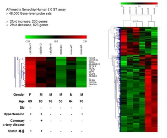 정상 환자와 calcific aortic stenosis 환자 간의 cDNA microarray 결과 차이