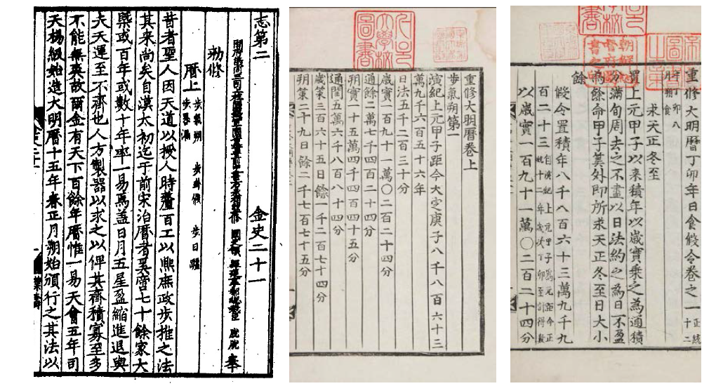 중국과 한국의 「중수대명력」 왼쪽부터 차례대로 중국의 『금사』에 수록된 「중수대명력」(왼쪽)과 서울대 학교규장각에 소장된 조선의 「중수대명력」(가운데) 그리고 「중수대명력정 묘년일식가령」이다