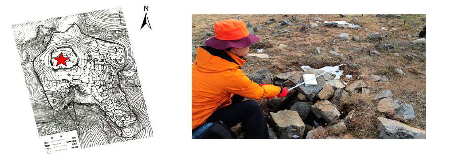 청쯔산 산성 유적조사 청쯔산 중심부 긴 석곽의 장축 방향 측정 (오른쪽) 석곽의 장축 방향과 진북 방향 비교 모습 (촬영 일자: 2015.10.21.)