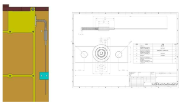 설계 변경된 LP Preamp Box & Boom 시험 모델의 기계 구조의 3D Modeling 파일 (좌)과 도면 파일 (우)