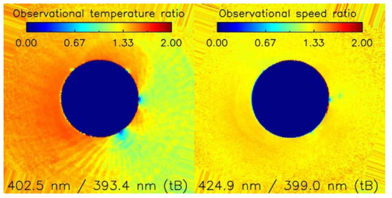 DICE 백색광관측으로부터 얻은 온도비 이미지(좌)와 속도비 이미지(우)