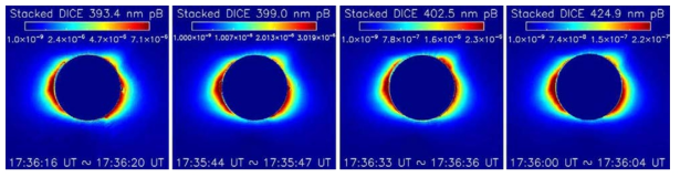 DICE 관측으로부터 얻은 4개 파장의 편광 밝기 영상. (좌에서 우측순서대로 393.4nm, 399.0 nm, 402.5 nm, 424.9 nm)