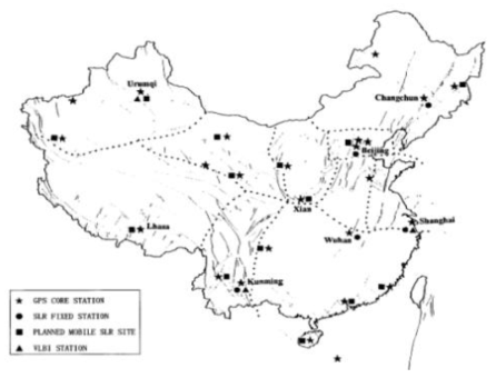 중국의 SLR 관측소의 분포. CTLRS의 위치는 주로 GPS나 VLBI 관측지에 이동하면서 위치할 예정임