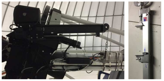 남아공 망원경에 설치한 FSA 무선모듈과 집크레인(좌), FSA 탈부착 보조장치(우)