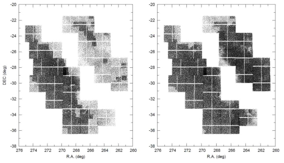 1/2000 척도로 추출한 KMTNet의 은하 중심부 측광용 카탈로그(Kim et al. 2018a). 왼쪽: 2016년에 OGLE-III를 기반으로 만들어진 측광용 카탈로그, 오른쪽: 2018년에 CFHT 카탈로그를 도입하여 새롭게 제작한 측광용 카탈로그
