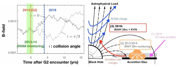 (왼쪽) 시간에 따른 자기장 세기의 이론적 변화 (Kawashima et al., 2017). (오른쪽) 연구 계획 모식도: (1) 2014년 Sgr A* - G2 encounter, (2) IRAM 30m 망원경을 활용한 편광 플럭스 모니터링, (3) 2018년도 관측으로부터 기대되는 자기장 변화